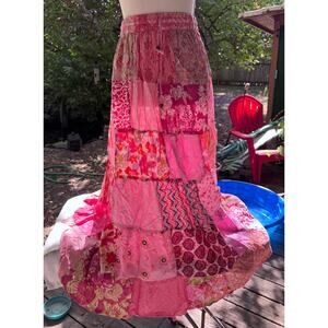 INDIA BOUTIQUE Pink Patchwork 6 Tiered Maxi Skirt Free Size 100% Rayon